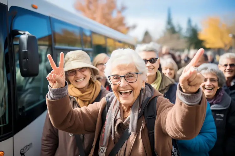 Gruppe von überwiegend älteren Menschen mit einem Reisebus im Hintergrund