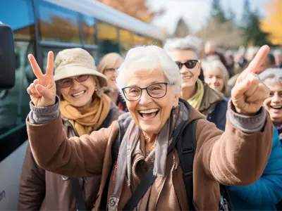 Gruppe fröhlicher älterer Damen vor einem Reisebus